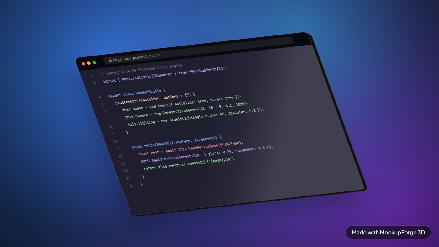 A browser window rendered at an angle showing a code editor.