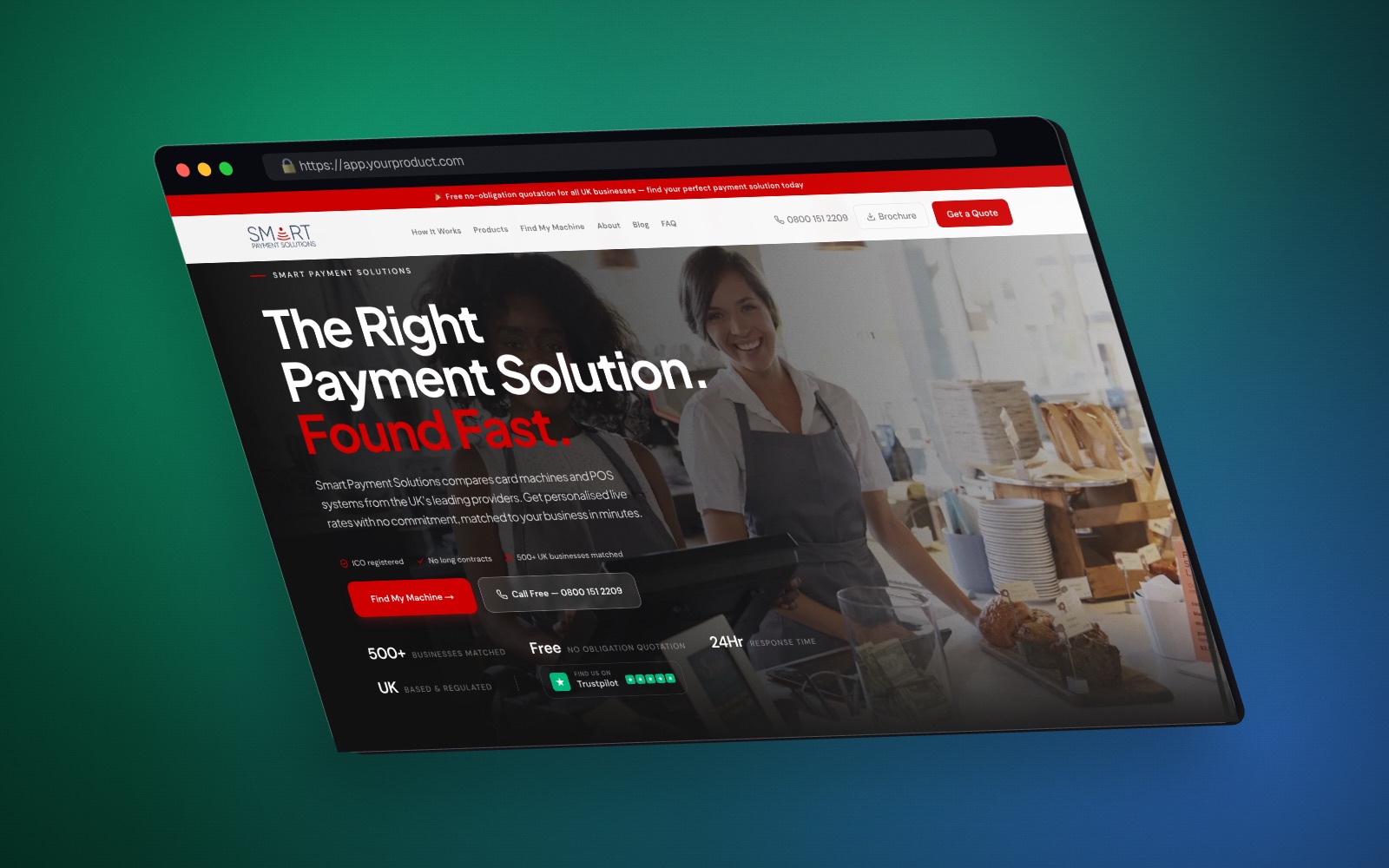 A browser window mockup turned to the left on a green and blue backdrop, showing the Smart Payment Solutions site.
