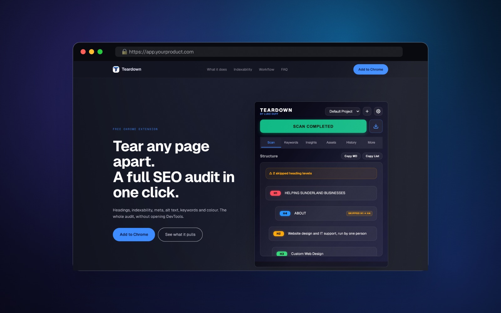 A browser window mockup facing straight forward on a dark backdrop, showing the Teardown SEO audit tool.