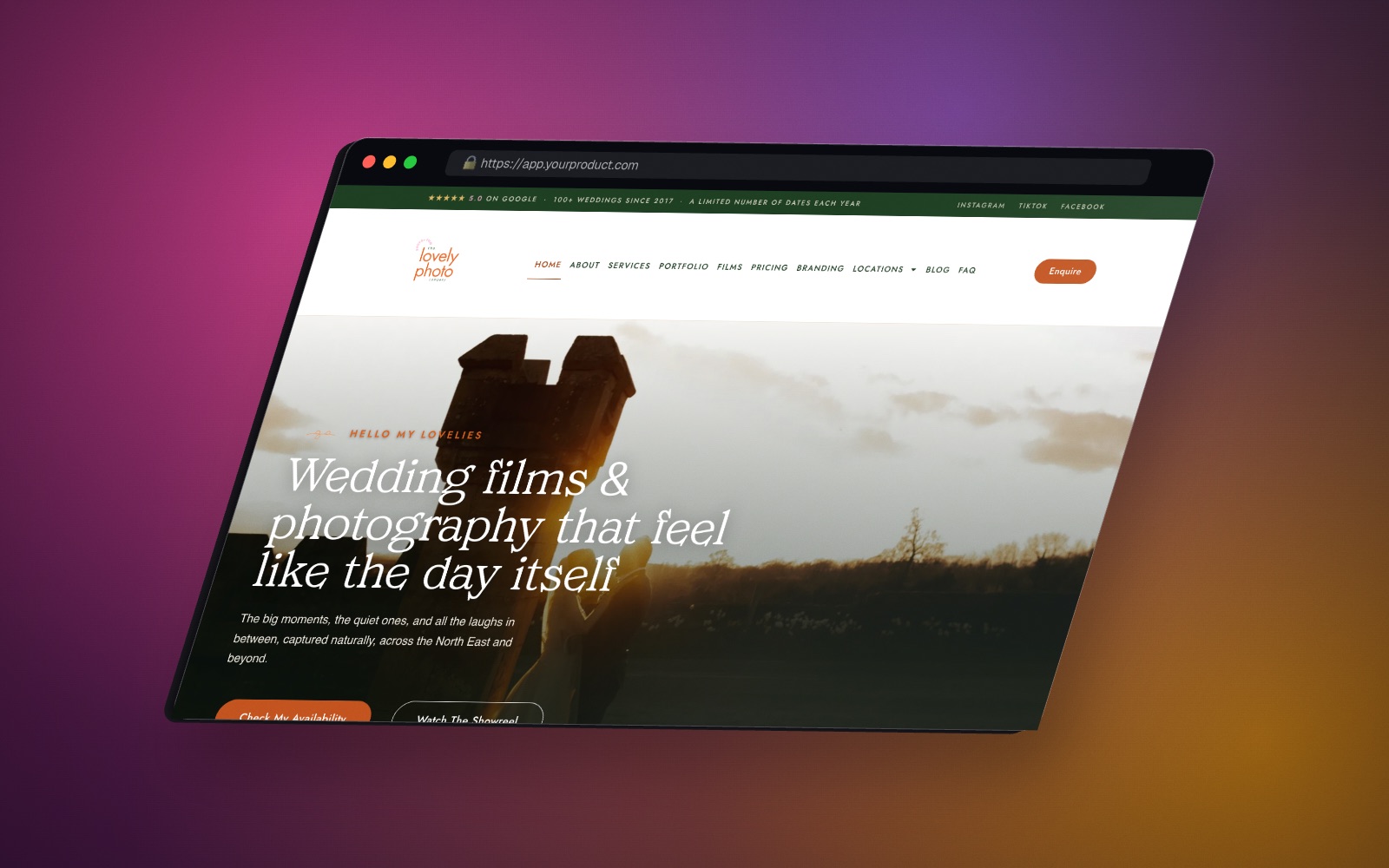 A browser window mockup turned to the right on an orange and pink backdrop, showing the Lovely Photo Company site.