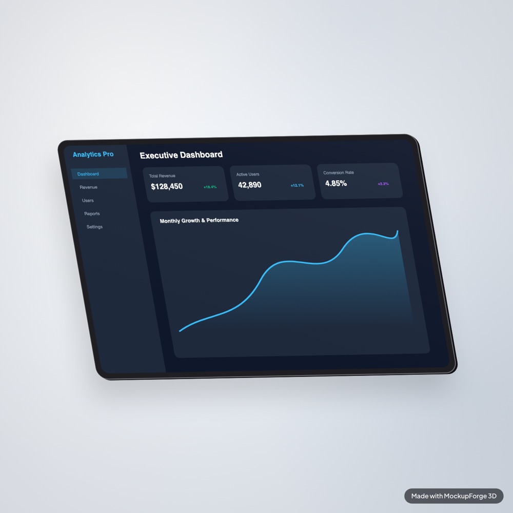 A glass card render on a pale grey backdrop, showing a dashboard.