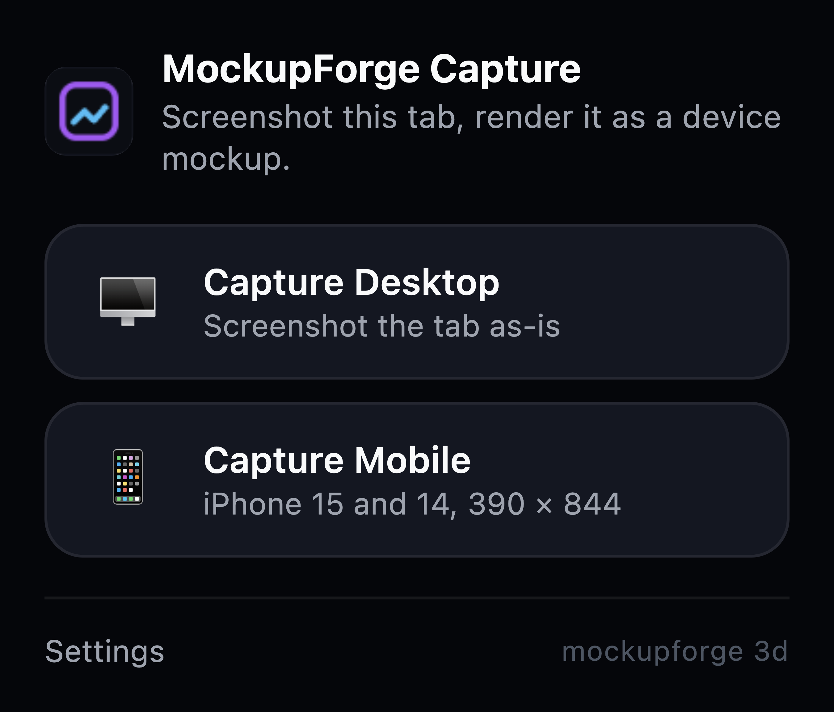 The extension popup, showing a Capture Desktop button and a Capture Mobile button set to iPhone 15 and 14 at 390 by 844.