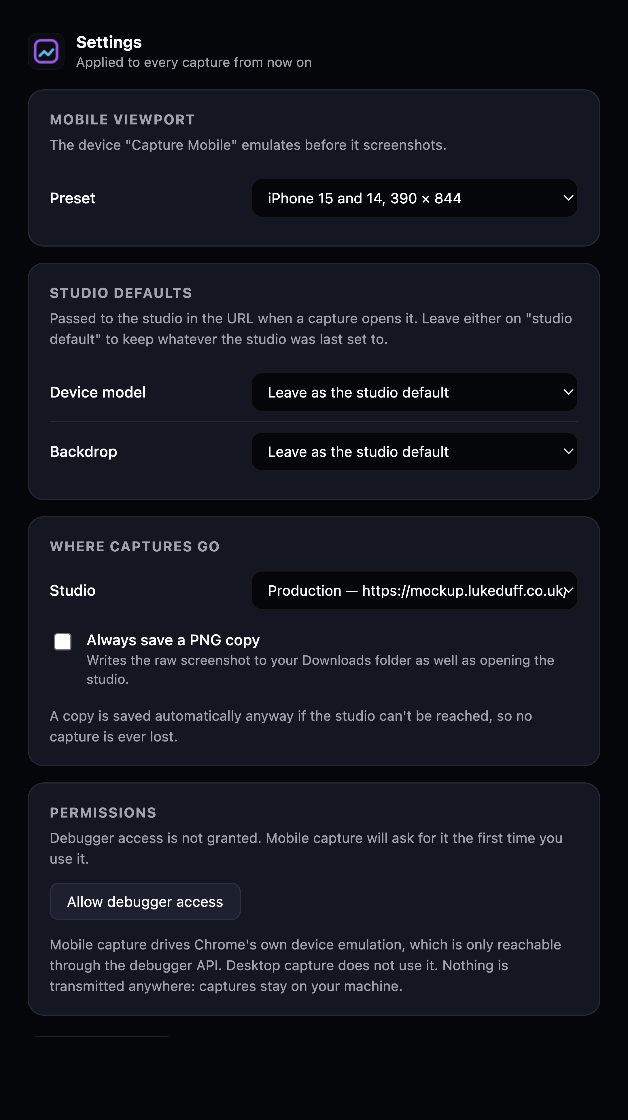 The extension settings page, showing a mobile viewport preset, studio defaults for device and backdrop, an option to always save a PNG copy, and a debugger permission control.