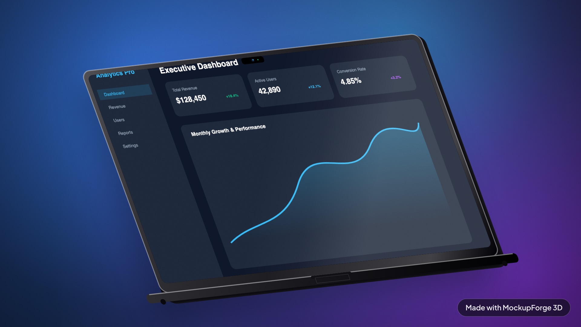 A MacBook Pro rendered at a slight angle on a blue and purple backdrop, showing an analytics dashboard.