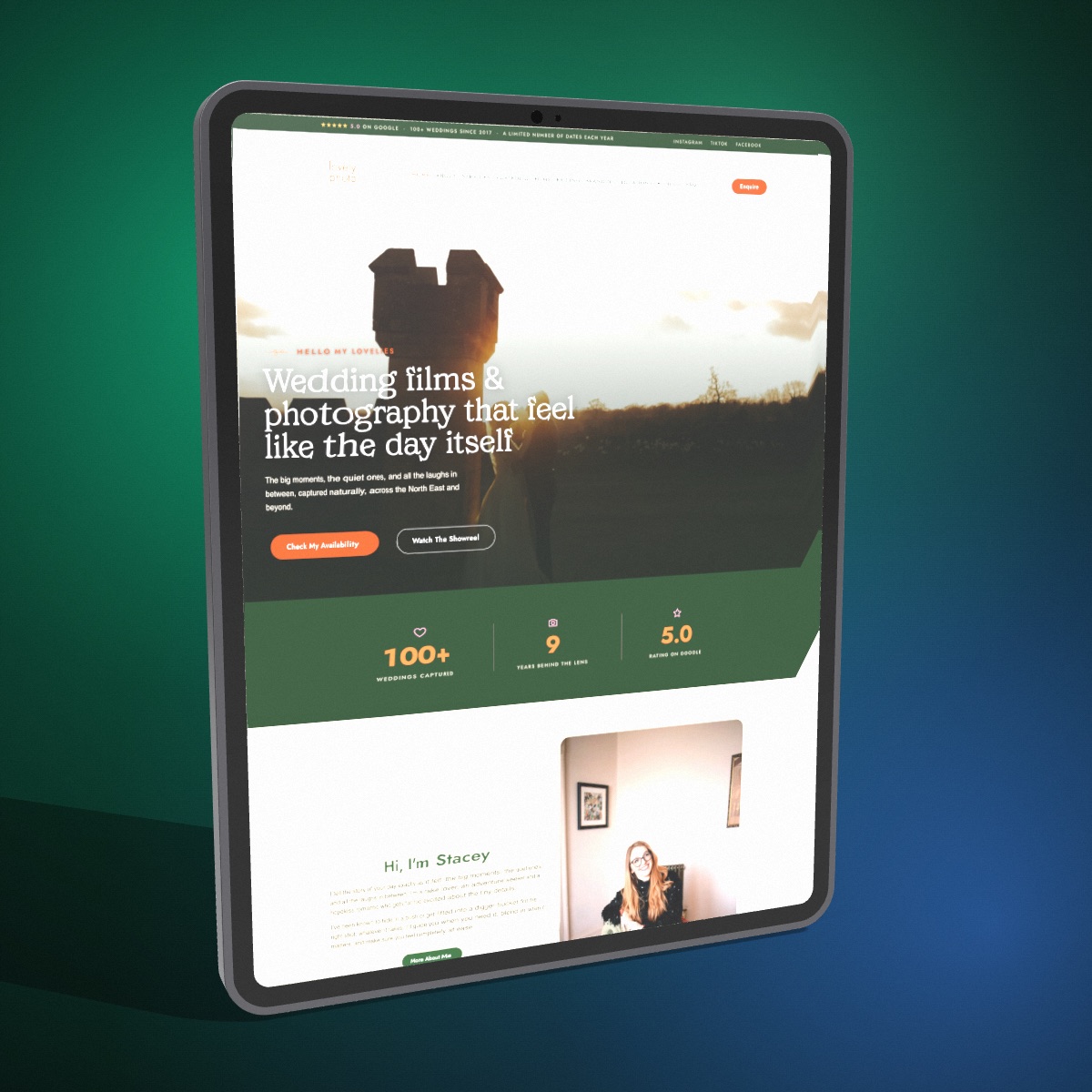A 3D iPad Pro mockup turned to the left on a green and blue backdrop, showing the Lovely Photo Company site in portrait.
