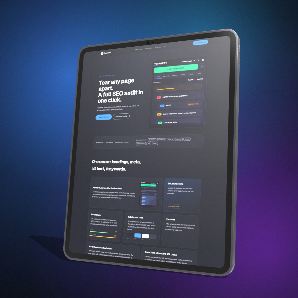 A 3D iPad Pro mockup turned to the right on a blue and purple backdrop, showing the Teardown SEO audit tool in portrait.