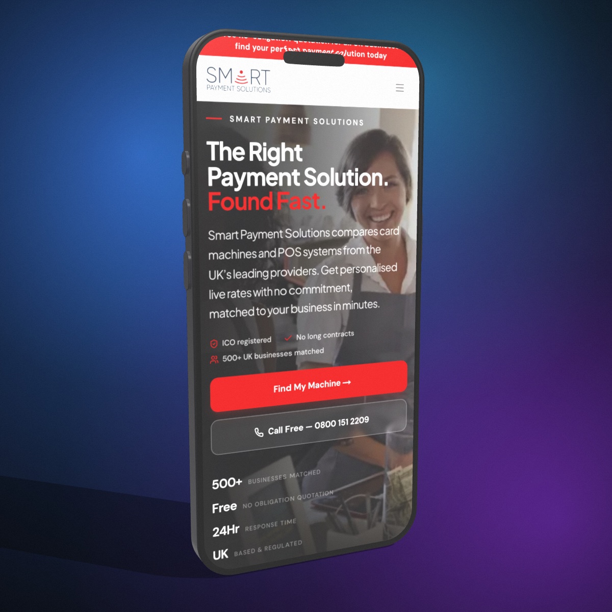 A 3D iPhone mockup turned to the left on a blue and purple backdrop, showing the Smart Payment Solutions site on mobile.
