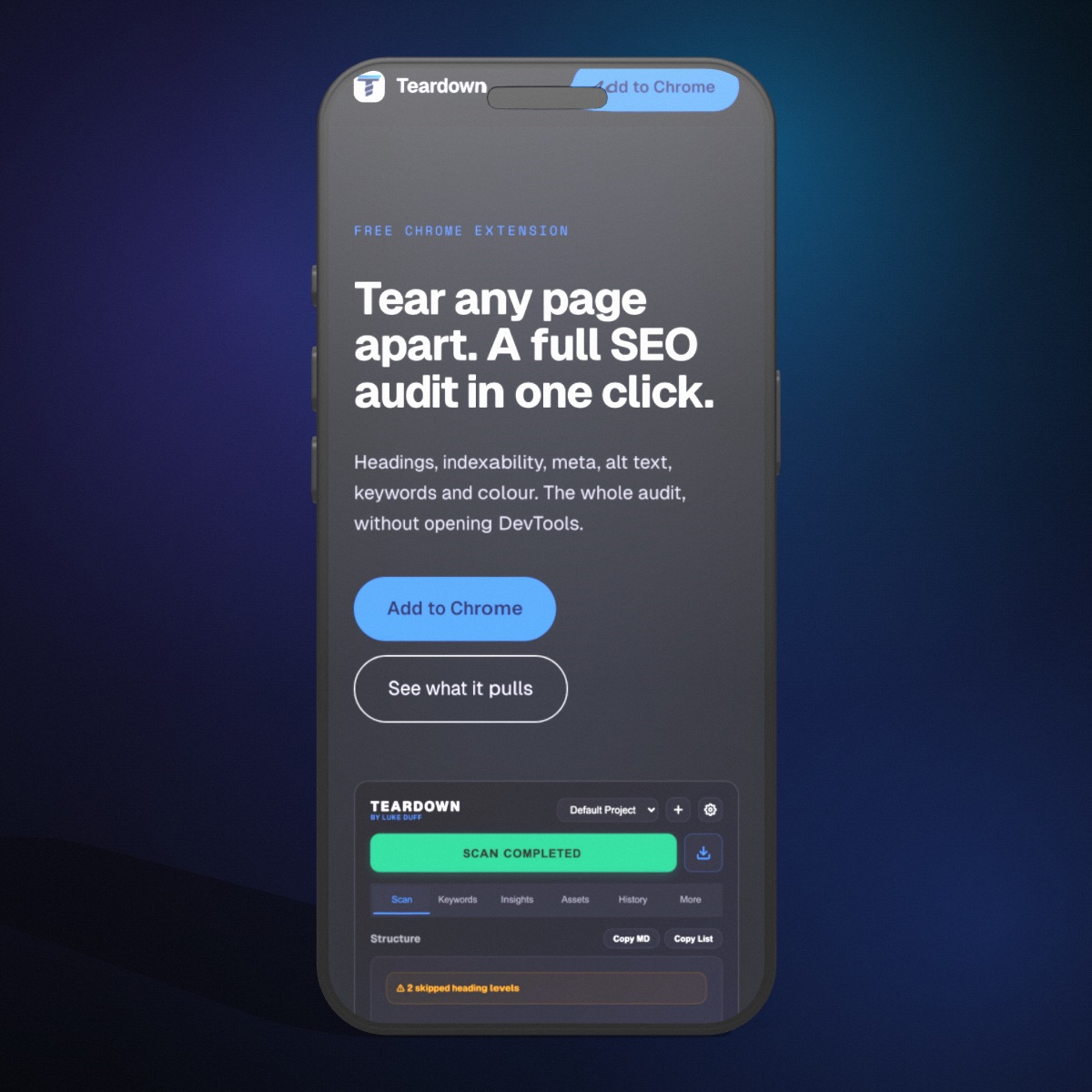 A 3D iPhone mockup facing straight forward on a dark backdrop, showing the Teardown SEO audit tool on mobile.