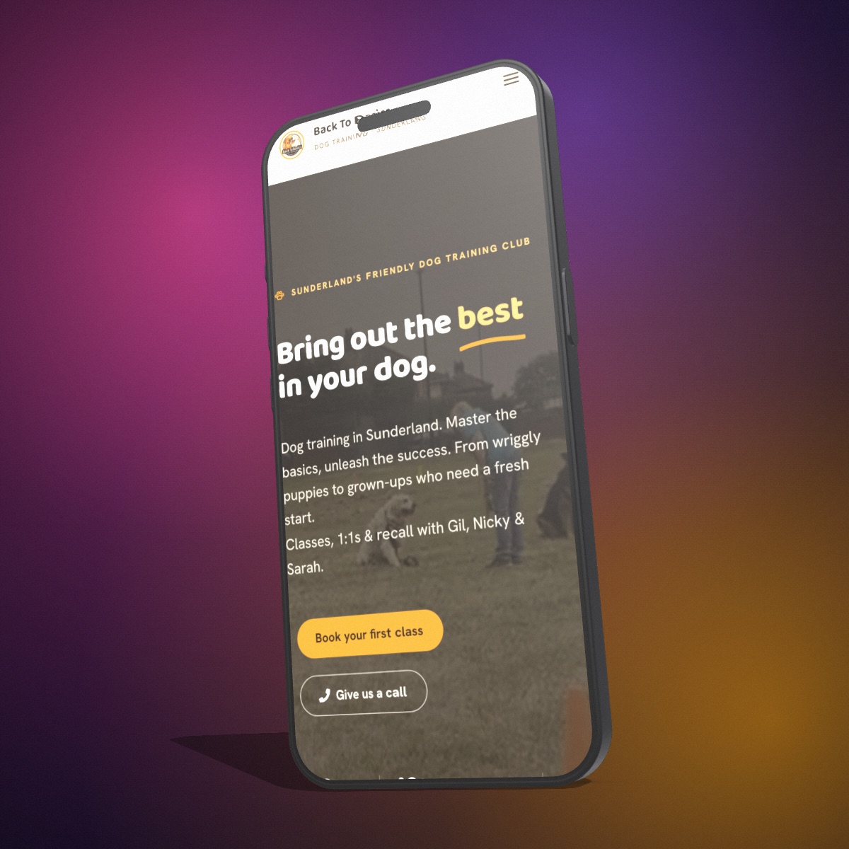 A 3D iPhone mockup turned to the right on an orange and pink backdrop, showing the Back To Basics dog training site on mobile.