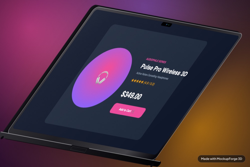 A MacBook Pro at a dramatic angle on a purple and amber backdrop, showing a store page.
