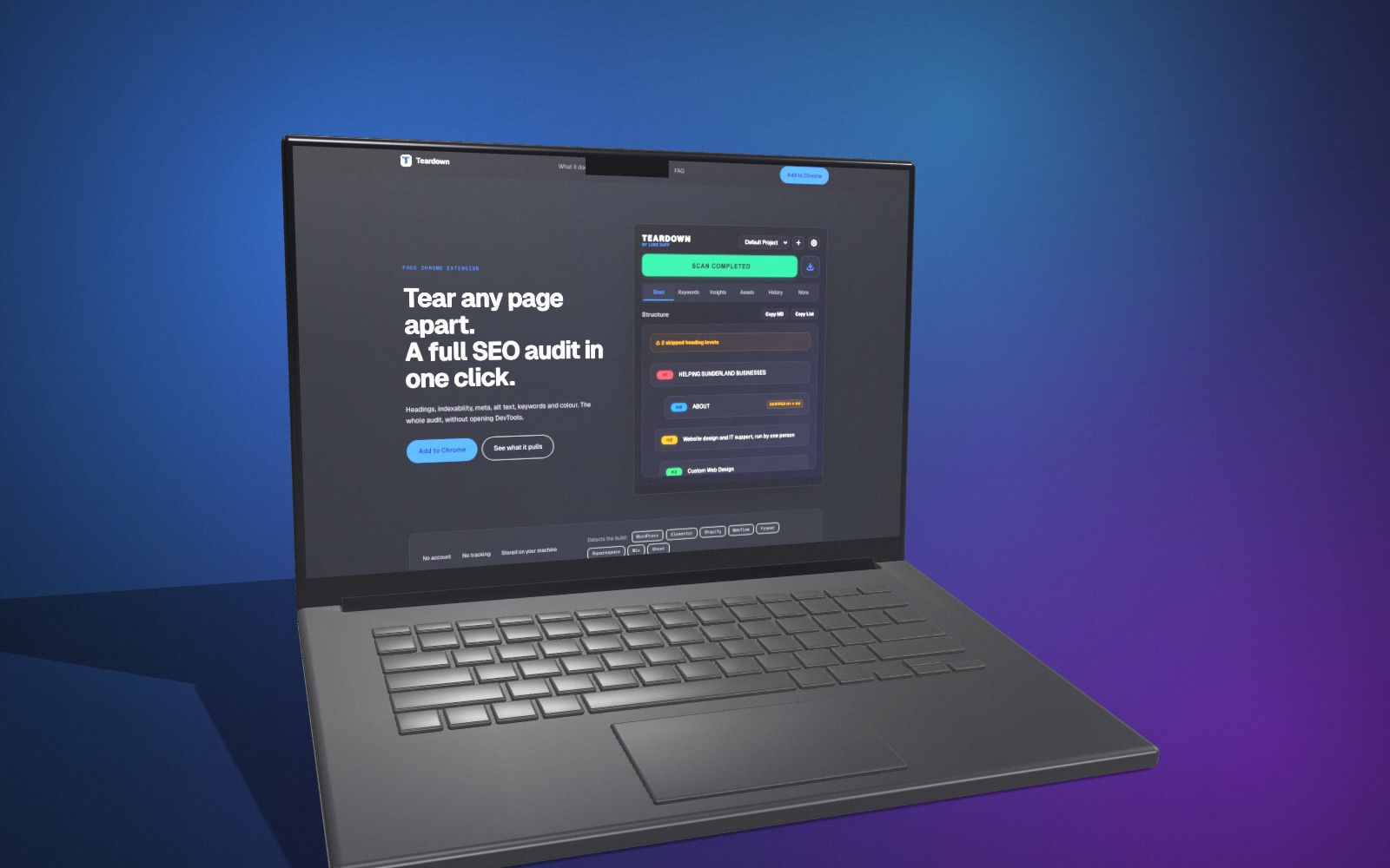 A 3D MacBook Pro mockup turned to the left on a blue and purple backdrop, showing the Teardown SEO audit tool.