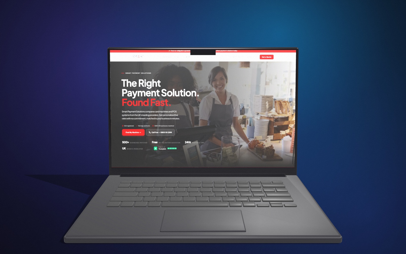 A 3D MacBook Pro mockup facing forward on a dark backdrop, showing the Smart Payment Solutions site.