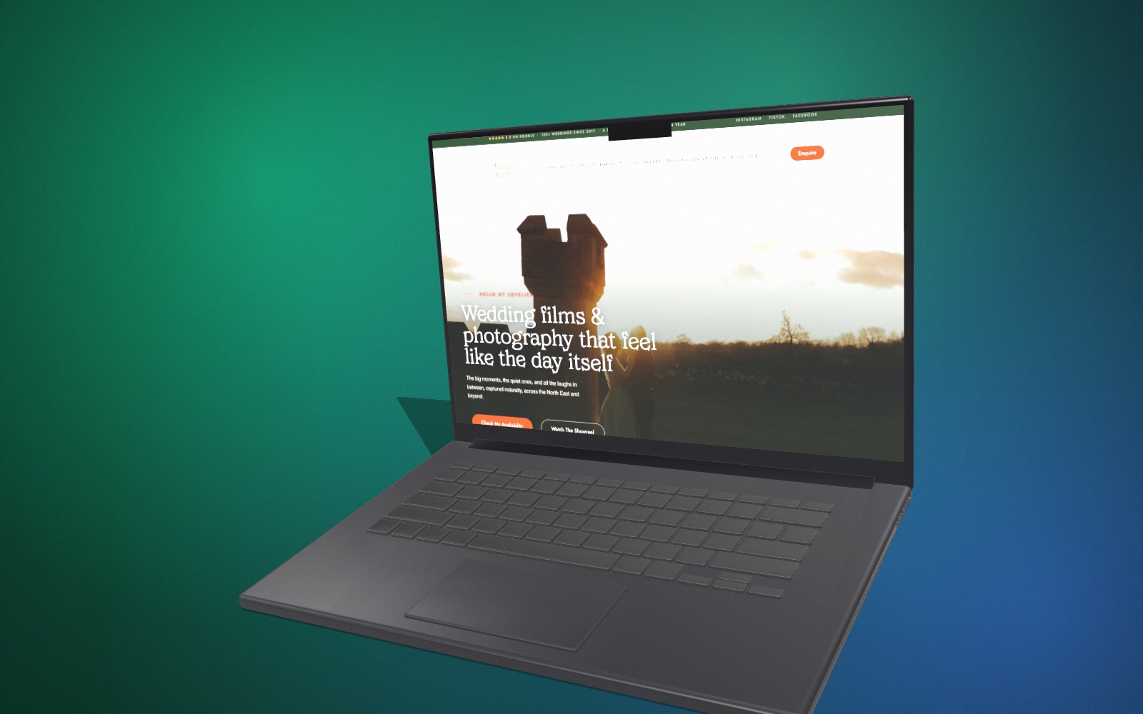 A 3D MacBook Pro mockup turned to the right on a green and blue backdrop, showing the Lovely Photo Company wedding photography site.
